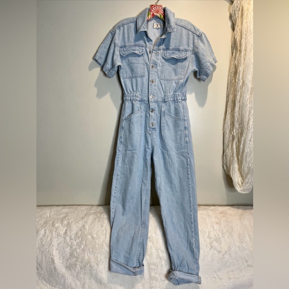 Free People Marci Denim Utility Jumpsuit Coverall Cotton Short Sleeve - Picture 5 of 7